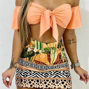 Мода Женщины двойной набор пляжа, задушенная от плеча укороченной топ -тропический принцип мини -юбка Bodycon Set 220527