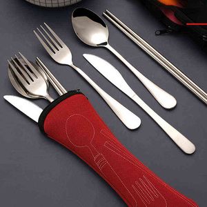 5 Stücke Küche Besteck Utensilien Set Edelstahl Messer Gabel Löffel Familie Reisen Camping Geschirr Tragbare Geschirr Sets Y220530