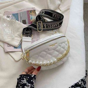 Waist Bags Luxury Pearl Beaded Necklace Waist Bags for Women Diamond Grid Pu Fanny Pack Female Stylish Wide Band Crossbody Bag 220727