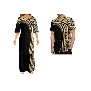 캐주얼 드레스 디자인 커스텀 폴리네시아 사모아 부족 Tapa Puletasi Tatau 패턴 Maxi 드레스 라운드 목 2 조각 세트 탑 스커트 복용