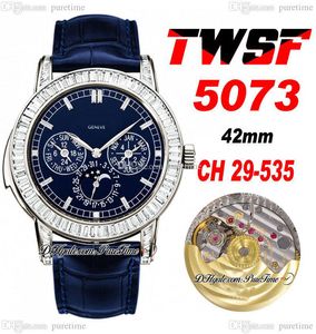 TWSF 5073 Perpetual Calendar Moon Phase CH29-535 Automatic Mens Watch Paved Rectangle Diamonds Case Blue Dial Diamond Markers Leather Strap Super Edition Puretime
