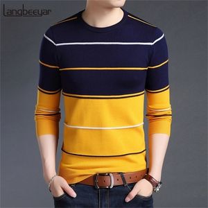 Modemärke Tröja Mens Pullover Striped Slim Fit Jumpers Knited Woolen Autumn Korean Style Casual Men kläder 201221