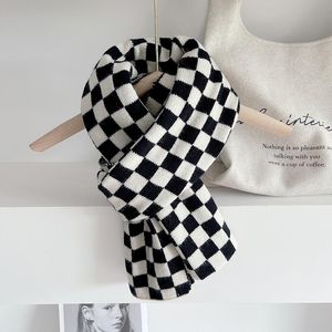 Scarves &Dolphin Women Black White Checkerboard Pattern Scarf Small Plaid Neckerchief Warm Knitted Woolen Ins Neck Pashmina Shawl