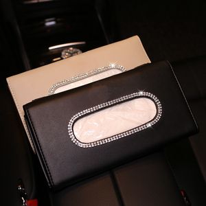 Rhinestones Crystal Car Tissue Box For Sun Visor Pu Leather Hanging Auto Bag Holder Sunshade Case Diamond Accessories 220523