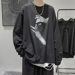 メンズTシャツ綿の男性服夏の手のグラフィックプリント長袖Tシャツ韓国のファッションヒップホップカジュアル特大のトップスティーブラックウィー