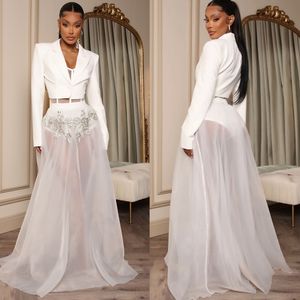 Sexy Illusion Corset Prom Dresses With Long Sleeve Jacket Suit Shiny Beads A Line Special Occasion Gown For Women 2022 2 Piece Jumpsuits Evening Dress