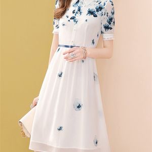 EVNISI Elegant dresses for women White Printed Chiffon Party Midi Dress Summer Turn Down Collar Office Lady Dress Pleat Vestidos 220514