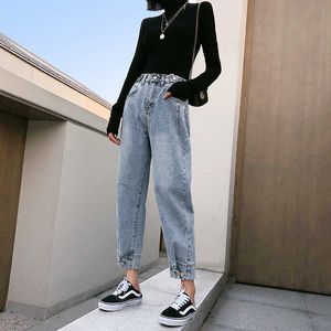 Mulheres jeans calças cintura alta tornozelo casual senhoras preto branco denim calças streetwear 210608