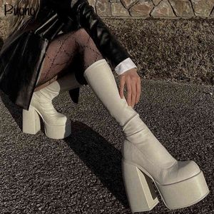 Spice Black Stretch Boots Plataforma Chunky High Heel Mid Boots Slip On Plus Size Ins Moda Ladi