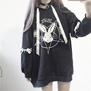 Harajuku Hoodies Autumn Women Print Lace Up Gothic Punk Oversize Tops Long Sleeve Hooded Sweatshirt Pullover Streetwear 201216