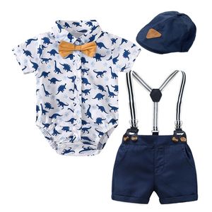 Summer Boys Printed Clothes with Navy Hat for Toddler Kids Dinosaur 4 PCS/Set Fashion Short-sleeved Baby Rompers 220326