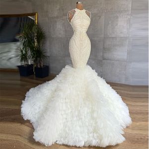 Saudi-arabische Meerjungfrau-Hochzeitskleider mit Perlen verziert, Kristalle, Brautkleid, nach Maß, Spitze, Applikationen, Pailletten, Rüschen, Robes de Mari￩e