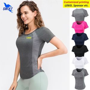 Nefes alabilen mesh patchwork kısa kollu koşu gömlekleri kadınlar hızlı kuru elastik yoga üstleri spor fitness spor giyim özelleştirilmiş 220704