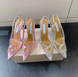 rhinestone crystal-embellished sandals PVC Pumps High heels shoes 100mm spool women Luxurys Designers Dress shoe ankle Cross strap Fashion Top