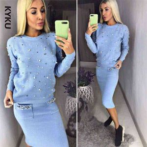 Kobiety dwupoziomowe ciepłe zestaw O-Neck Pearl Freading Knited Pullover Pencil Spódnica Kobiety Eleganckie 2-częściowe garnitury T220729