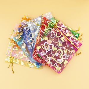 Organza Çanta Seviyorum toptan satış-Yeni baskı Aşk Kalp Organza Çuval Hediye Çantaları Çizme Cazibesi Ambalaj Noel Mücevher Torbaları x9 x12 x16 x30cm