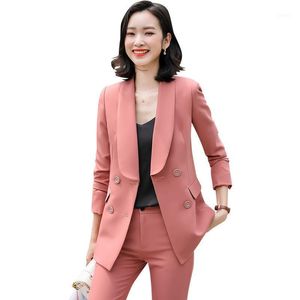 Piece Set Women Office Wear Pant Suits For Ladies Formal Business Pink Trouser Suit Belt Double Breasted Blazer and Trousers Women's Two Pan