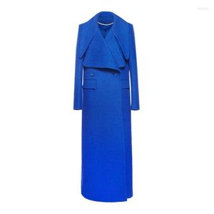 Women's Wool & Blends 2022 Winter Coat Women Suit Collar Double-breasted Pocket Blend Oversize Long Blue Trench Outwear