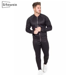 SiteWeie Muscle Men Fitness Autumn Winter Men Stripe Sports Spay Outfits Mens Joggers 2 Piece Set Tracksuit L432 201128