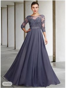 Long Sleeve Lace Mother Of The Bride Dresses Big Size Floor Length Chiffon Formal Lace Applique A Line Wedding Party Dress
