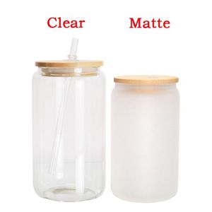 2023 US Warehouse 12oz 16oz Sublimation Glass Blanks With Bamboo Lid Frosted Sublimation Beer Can Glass Borosilicate Tumbler Mason Jar Cups Mug With Plastic Straw