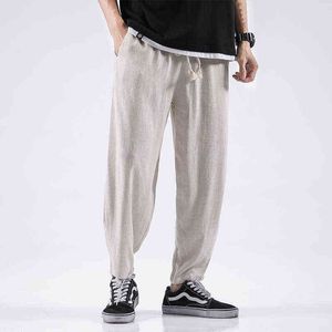 2022 Mens de verão calças de linho respiráveis ​​homens cintura elástica estilo chinês Hemp Algody Troushers Male Hip Hop Casual Harem Pants L220706