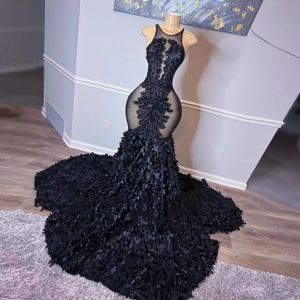 Sexy Black Mermaid Prom Dress For African Girl 2022 Beading Sequined Sleeveless Appliques Party Evening Dress Illusion Graduation Gowns