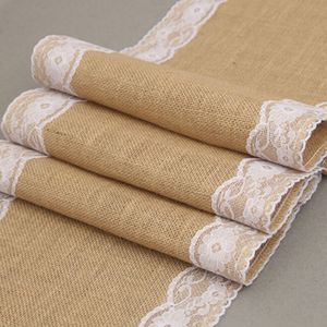 Burlap Lace Table Runner Vintage Cover Rustic Hurting Jute Jute Shabby Hessian na wystrój Wedding Festival Party Event