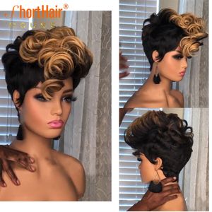 Ombre Blonde Short Curly Bob Pixie Cut Wig Full Machine لم يصنع شعر مستعار بشعر بشري من الدانتيل مع الانفجارات للنساء السود