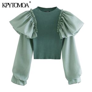 KPYTOMOA Kvinnor Fashion Ruffle Patchwork Cropped Sticked tröja vintage långärmad stretch Slim Female Pullovers Chic Tops 201221