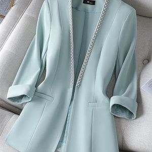 V Neck Thin Suit Womens Spring and Summer Korean Fashion Professional Wear Half Sleeve Casual Jacket Office Blazer 220810