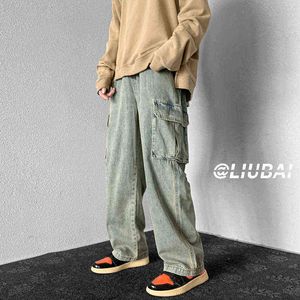 Baggy geniş bacaklı kot erkekler moda moda çok cepli kargo kot pantolon sokak kıyafeti gevşek hip-hop kot pantolon düz denim pantolonlar erkek m-2xl t220803