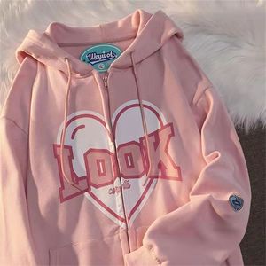 Pembe Mektup Grafik Kawaii Harajuku Hoodies Kadın Mavi Punk Emo Alt Sweatshirt Zip estetik indie y2k Kore Moda Kıyafetleri 220817