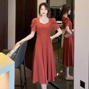 Casual jurken Zomerjurk Vrouwen 2022 Franse stijl Vintage Bow Puff Puff Sleeve Square Kraag Roest Rood Rood Black Dropcasual