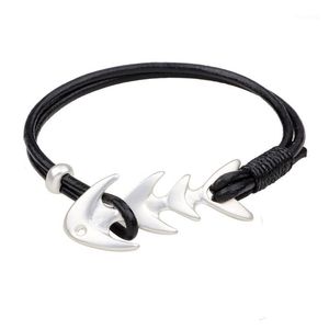 Charm Armbänder Mode Marine Wind Fisch Knochen Armband Vintage Punk Schwarz Aolly Weben Echtes Leder Für Männer, Um Persönlichkeit Zu Zeigen