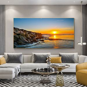 Sunset Beach Seascape Wall Art Mountain Canvas Painting Posters and Prints Modern Wall Art Picture for Living Room