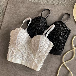 Bustier-Oberteil ohne Knochen, weißes Korsett-Oberteil, BHs für Frauen, perlmuttgepolsterte Camis für Damen, Perlenarbeits-Tanktops