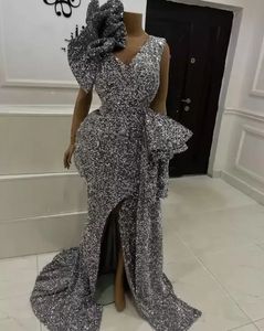 Jeden szt. Robe de Soirée Femme Plus Size Sukienki wieczorowe dla kobiet Silver Party Cekiny ASO EBI Split Syrenki Prom Reception Gowns Sweep Pociąg