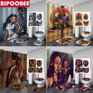 Afrikanischer starker Mann, sexy Mädchen, Duschvorhang-Set, Afro-Liebhaber, rutschfeste Teppiche, WC-Deckelbezug und Badematte, Badezimmer-Vorhänge-Set 220517