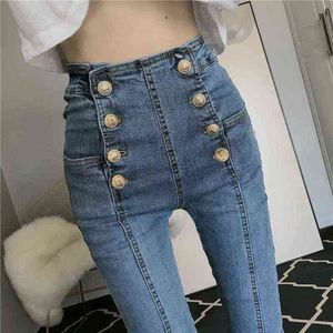 2022 NEW SPRIST AUTURN WOMEN ELASTIC HIGH WAIST SKANNY JEANS CHIC DOUBLE BLECHED SKANY JEANS FOR WOMEN L220726