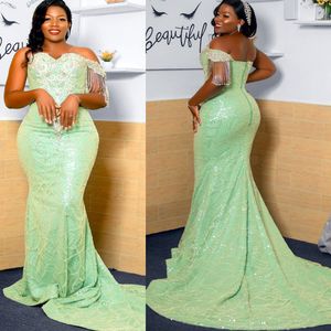 2022 Plus Size Arabic Aso Ebi Mint Mermaid Sparkly Prom Dresses Lace Pärled Evening Formal Party Second Reception Birthday Engagement Gowns Dress ZJ554