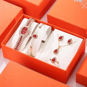 Armbandsur Crystal Rhinestones Watches Gift Set For Women Bridal Wedding Jewelry Box Set Luxures Bangle Ring Earring Necklace GiftsWrist