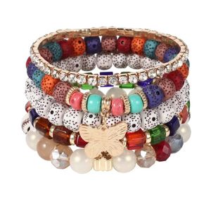 Bohemian Fashion Jewelry Butterfly Pendant Strands Beaded Bracelet Handmade Multi Layer Colorful Beads Charms Rhinestone Chain Bracelets 5pcs/set