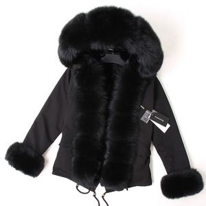 Maomaokong Black Fur Collar Winter Coat Women Jacket Natural Fur Bunny Lined Jacket Coats 201214