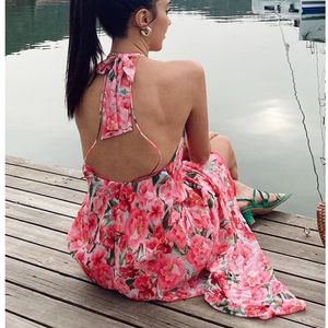 Foridol Sleevelss Halter Maxi Summer Dress for Women Sexig backless Beach Pink Boho Robe Femme 2022 Lace Up Sundress Floral Dress CX220510