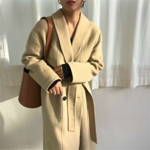 Korea Women Winter Yellow Long Cashmere Coat Slim midja Elegant överrock med midjetbelnficka Löst ytterkläderjacka 201221