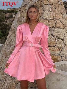 TTQV Sexy Pink Satin Mini Dress Ladies Autumn V-Neck Long Sleeve Belt Bodycon Dress Elegant Slim Party Dresses For Women 2022 T220804