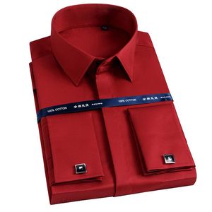 Camisas masculinas luxuosas de algodão mercerizado, botão de punho francês, manga comprida, vermelho e branco, smoking para casamento, camisa de negócios com abotoaduras