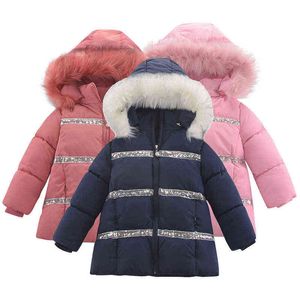 Sequins Thick Keep Warm Winter Jacket For Girls Hooded Plus Velvet Children Outerwear Teenager Long Windbreaker Jacket J220718