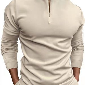 Mężczyźni Casual Polo Shirts Khaki bez kołnierza Długie zamek błyskawiczny